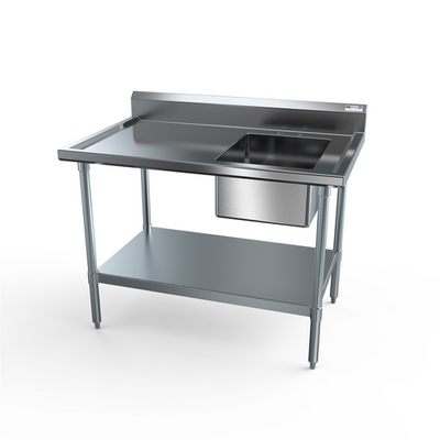 NBR Equipment PTG-1620R4 48" W x 30" D x 40.75" H Deep Sink Bowl on Right 5" H Backsplash Galvanized Bullet Feet Economy Work Table With Prep Sink