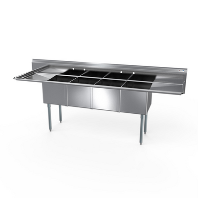 NBR Equipment 4SG-162014LR18 100" W Stainless Steel 16 Gauge with Left and Right-Hand Drainboard Four-Compartment Economy Sink