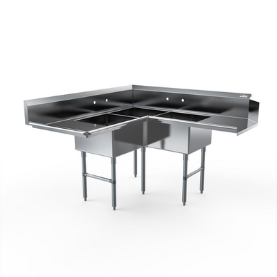 NBR Equipment SDT3C-202012L20 65.75" Stainless Steel Three-Compartment Economy Corner Dishtable