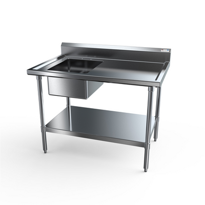 NBR Equipment PTS-1620L5 60" W x 30" D x 40.75" H Deep Sink Bowl on Left 5" H Backsplash Stainless Steel Bullet Feet Premium Work Table With Prep Sink
