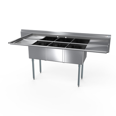 NBR Equipment 3SG-151514LR15 75" W Stainless Steel 18 Gauge with Left and Right-Hand Drainboards Three-Compartment Economy Sink