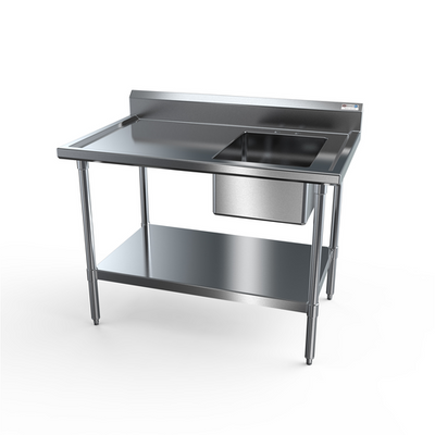 NBR Equipment PTS-1620R4 48" W x 30" D x 40.75" H Deep Sink Bowl on Right 5" H Backsplash Stainless Steel Bullet Feet Premium Work Table With Prep Sink