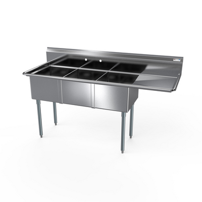 NBR Equipment 3SG-101410R15 47.5" W Stainless Steel 18 Gauge with Right-Hand Drainboard Three-Compartment Economy Sink