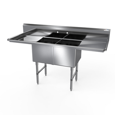 NBR Equipment 2SS-162014LR18 71.25" W Stainless Steel 16 Gauge with Left and Right-Hand Drainboards Two-Compartment Premium Sink