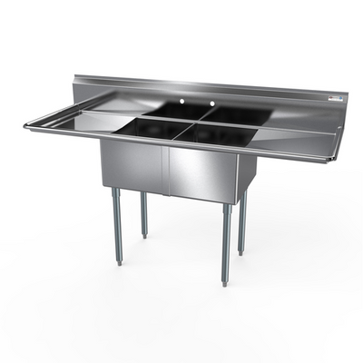 NBR Equipment 2SG-162012LR18 68" W Stainless Steel 18 Gauge with Left and Right-Hand Drainboard Two-Compartment Economy Sink
