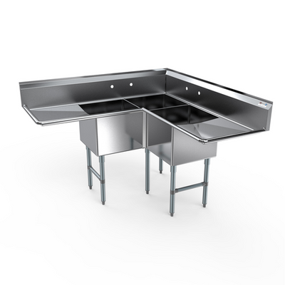 NBR Equipment 3CSG-242414LR24 74.94" W Stainless Steel 18 Gauge with Left and Right-Hand Drainboard Three-Compartment Economy Corner Sink