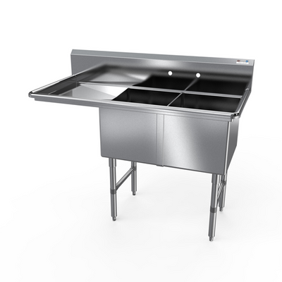 NBR Equipment 2SS-182414L18 58.19" W Stainless Steel 16 Gauge with Left-Hand Drainboard Two-Compartment Premium Sink