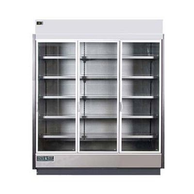 MVP Group KGV-MR-3-S 75.3"W x 32.63"D x 87.8"H Gray and Silver 3 Section Hydra-Kool High Volume Refrigerated Merchandiser