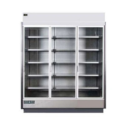 MVP Group KGV-MR-3-S 75.3"W x 32.63"D x 87.8"H Gray and Silver 3 Section Hydra-Kool High Volume Refrigerated Merchandiser