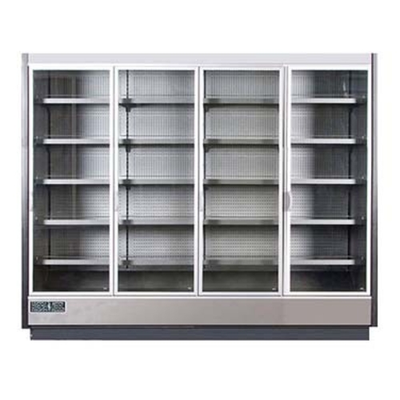 MVP Group KGV-MR-4-R 99.3"W x 31.5"D x 77.75"H Gray and Silver 4 Section Hydra-Kool High Volume Refrigerated Merchandiser