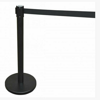 Omcan USA 30439 14" Diameter Rubberized Bottom Base Black Painted Steel Stand Retractable Black Belt Crowd Control System