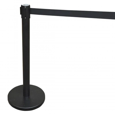 Omcan USA 30439 14" Diameter Rubberized Bottom Base Black Painted Steel Stand Retractable Black Belt Crowd Control System