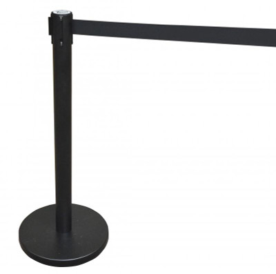 Omcan USA 30439 14" Diameter Rubberized Bottom Base Black Painted Steel Stand Retractable Black Belt Crowd Control System