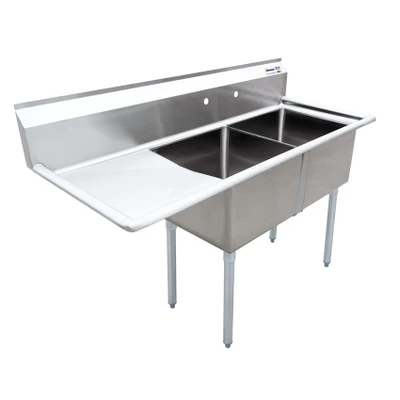 Omcan USA 43768 56.5" W Stainless Steel 18 Gauge Two Compartment with Drainboard Pot Sink