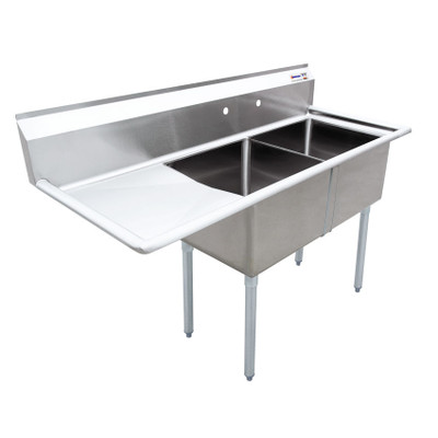 Omcan USA 43768 56.5" W Stainless Steel 18 Gauge Two Compartment with Drainboard Pot Sink