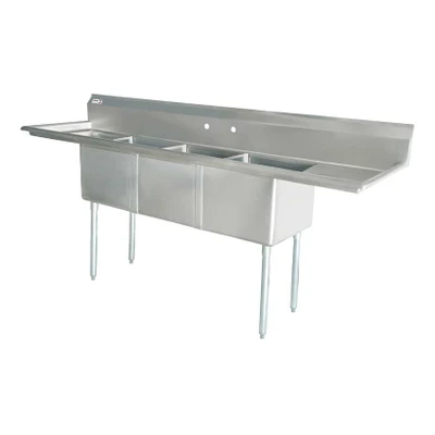 Omcan USA 43778 90" W Stainless Steel 18 Gauge Three Compartment with Drainboards Pot Sink