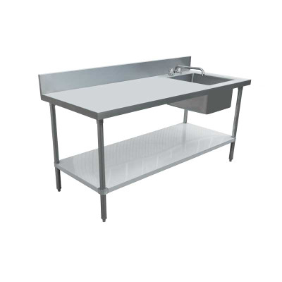Omcan USA 43244 72"W x 30"D Stainless Steel 6"H Backsplash Work Table With Prep Sink