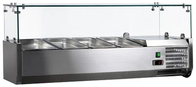 Omcan USA 46679 47.2" W Countertop Refrigerated Topping Rail with Glass Sneeze Guard -120 Volts