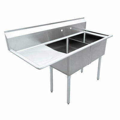 Omcan USA 43779 56.5" W Stainless Steel 18 Gauge Two Compartment with Left-Hand Drainboard Pot Sink