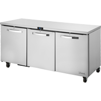 True TUC-72-HC~SPEC3 29.75" H x 72.38" W x 29.13" D 3 Heavy-Duty Stainless Steel Doors Stainless Steel Interior SPEC SERIES Undercounter Refrigerator - 115 Volts 1-Ph