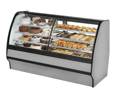 True TGM-DZ-77-SC/SC-S-S 77.25" W Stainless Steel with Curved Glass Dual Zone Glass Merchandiser - 115 Volts
