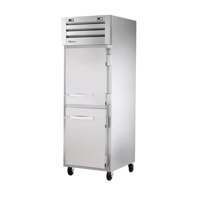 True STG1DTA-2HS-HC 2 Stainless Steel Half Doors 3 Gray Shelves LED Interior Lights Reach-In SPEC SERIES Refrigerator or Freezer - 115 Volts