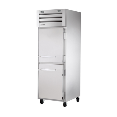 True STG1DTA-2HS-HC 2 Stainless Steel Half Doors 3 Gray Shelves LED Interior Lights Reach-In SPEC SERIES Refrigerator or Freezer - 115 Volts
