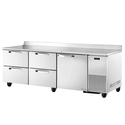 True TWT-93D-4-HC~SPEC3 Stainless Steel and Aluminum 3 Section 1 Door 4 Drawers SPEC SERIES Deep Work Top Refrigerator - 115 Volts 0.2 HP