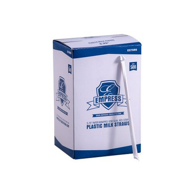 Empress E575RS 5.75" Red Stripe Boxed Semi Slim Milk Straw Paper Wrapped (24 Packs of 500 Straws Per Case)