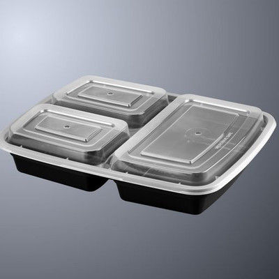 CTC 50-2040 Three Compartment Black Plastic Rectangle Takeout Containers - Pack/150