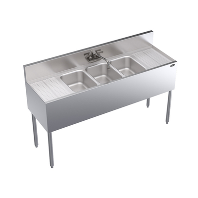 Krowne KR19-53C 60" W x 19" D Stainless Steel Three Compartment Royal Series Underbar Sink Unit