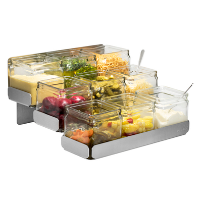 Rosseto SM323 9 Glass Jars Silver Stainless Steel Condiment Station