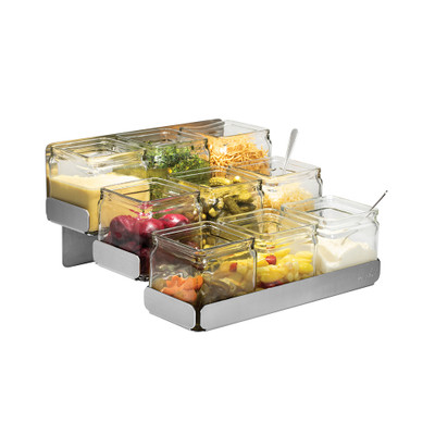 Rosseto SM323 9 Glass Jars Silver Stainless Steel Condiment Station