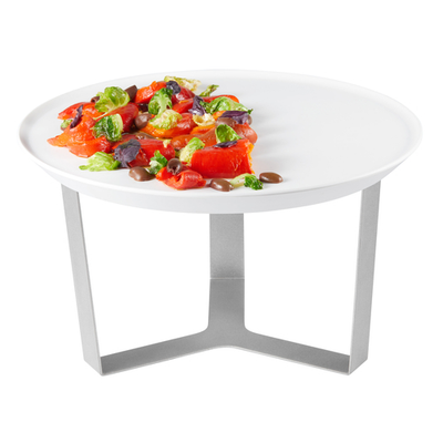 Rosseto SM279 13.31" Dia. Silver Stainless Steel Round with White Melamine Tray Forme Tray and Riser Set