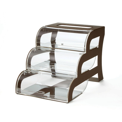 Rosseto BK017 15.25" x 23.25" x 15.5" H 3 Tier Rectangular Clear Acrylic Bronze Steel Frame Bakery Case