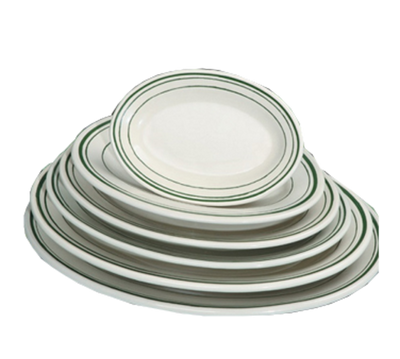 Yanco GB-34 9.38" L x 6.5" W American White Ceramic Oval Green Band Platter