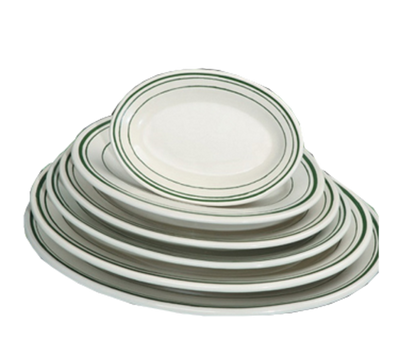 Yanco GB-34 9.38" L x 6.5" W American White Ceramic Oval Green Band Platter