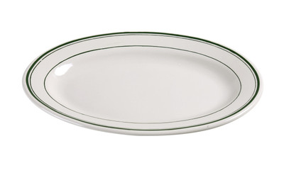 Yanco GB-34 9.38" L x 6.5" W American White Ceramic Oval Green Band Platter