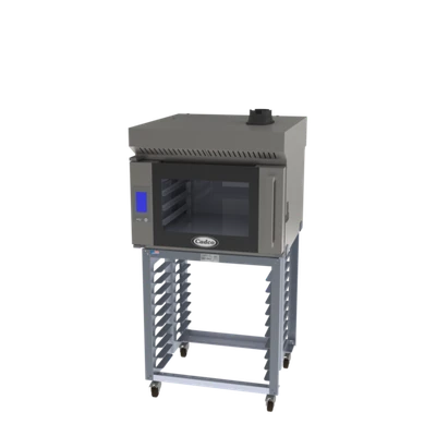 Cadco BLS-4FTR-1H 65.66" H Stainless Steel with Stand and Ventless Hood Electric Bakerlux TOUCH Heavy-Duty Convection Oven - 208-240 Volts