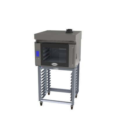 Cadco BLS-4FTR-1H 65.66" H Stainless Steel with Stand and Ventless Hood Electric Bakerlux TOUCH Heavy-Duty Convection Oven - 208-240 Volts