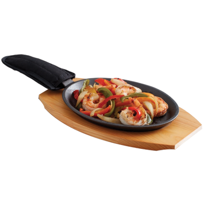 Chef Master 90200 16" W x 7.5" D x 1.2" H Oval Cast Iron with Wood Based Server Chef Master Fajita Platter Set