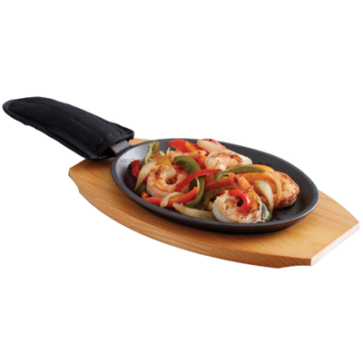 Chef Master 90200 16" W x 7.5" D x 1.2" H Oval Cast Iron with Wood Based Server Chef Master Fajita Platter Set