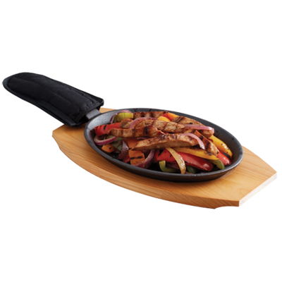 Chef Master 90201 16" W x 7.5" D x 1.2" H Oval Cast Iron Sizzler with Wood Based Server Chef Master Fajita Platter Set