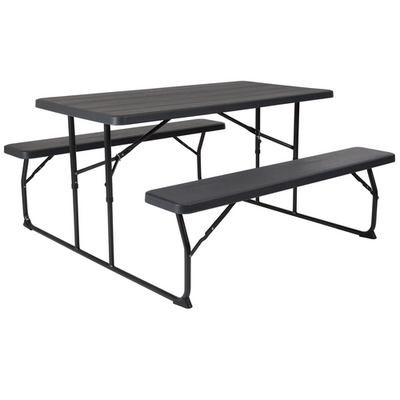 Flash Furniture RB-EBB-1470FD-GG 661 Lbs. Black Plastic Top with Steel Frame Insta-Fold Folding Picnic Table & Benches