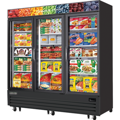 Everest Refrigeration EMGF69B 69 Cu. Ft. Black Coated Steel Three-Section (3) Glass Hinged Self-Closing Doors Reach-In Glass Door Merchandiser Freezer - 115 Volts