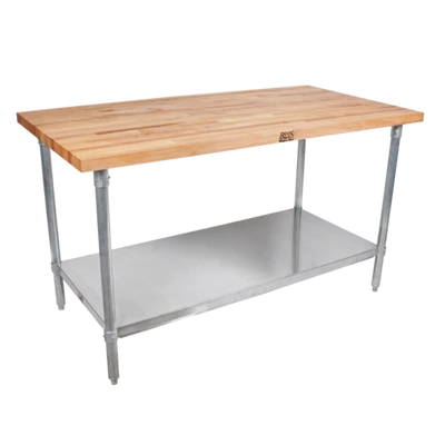 John Boos JNS06-X 96" W Wood Top Work Table with Undershelf and Galvanized Base