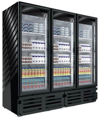 Akita AGM-66 66.3 Cu. Ft. Black 3 Hinged Glass Doors Three-Section Refrigerated Merchandiser - 115 Volts