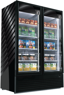 Akita AGF-43 42.97 Cu. Ft. Black 2 Hinged Glass Doors Two-Section Freezer Merchandiser - 115 Volts