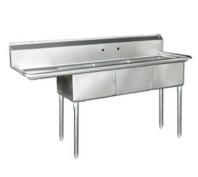 Blue Air BS3-18-12/L 75&quot; W x 24&quot; D x 44.5&quot; H 3 Compartments Stainless Steel Legs Adjustable Feet Sink