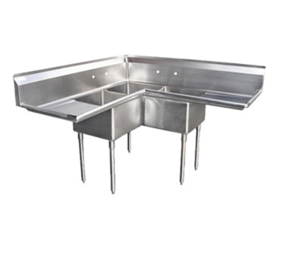 Blue Air 3C18-12L-2D 57" W x 24" D x 44.5" H 3 Compartments Stainless Steel Bowls Adjustable Feet Corner Sink